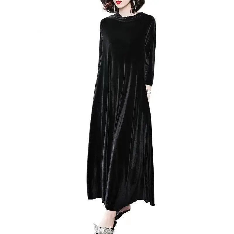 

Velvet Dresses Middle Aged Women Spring Plus Size 6XL 5XL Casual Loose Long Sleeve Solid Color O-neck Maxi Vintage Vestidos