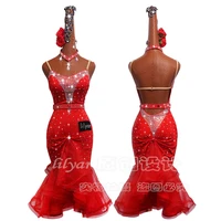 new latin dance dress latin skirt competition dress costumes performing dress sparkly rhinestones red fishbone skirt custom made