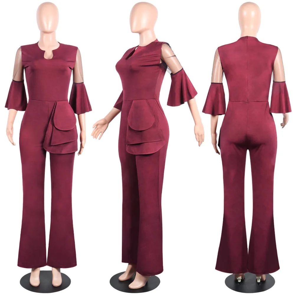 

Ruffles Patchwork Sexy Wide Leg Jumpsuit Women V-Neck Long Lace Flare Sleeve Solid Elegant Romper Autumn Ladies Slim Playsuit