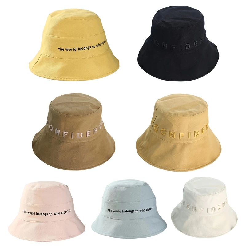

Women Summer Cotton Bucket Hat Simple Solid Color Letters Embroidery Wide Brim Sun Protection Panama Fisherman Cap