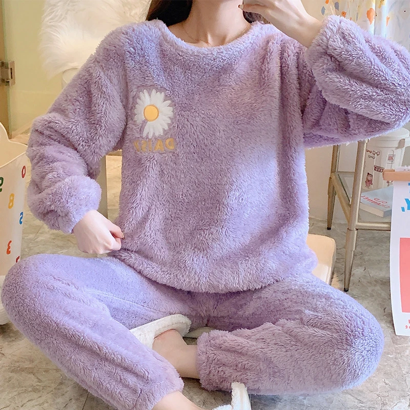 Женский пижамный комплект зимний верх с длинным рукавом и брюки теплая пижама из