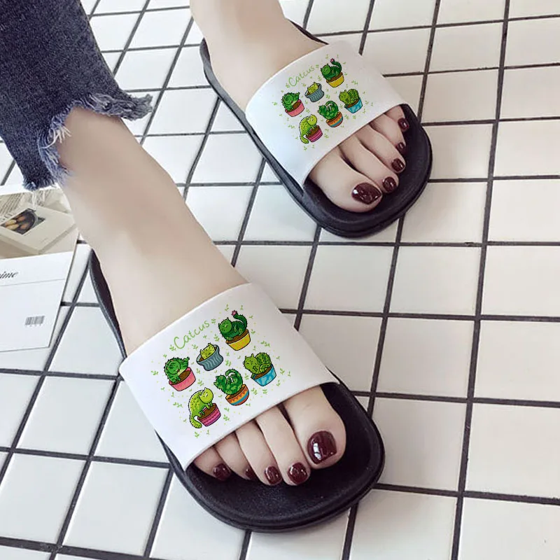 

Cute print women slippers with cactus pattern Indoor Bedroom Home Shoes ladies summer flip flops house outdoor Beach slides