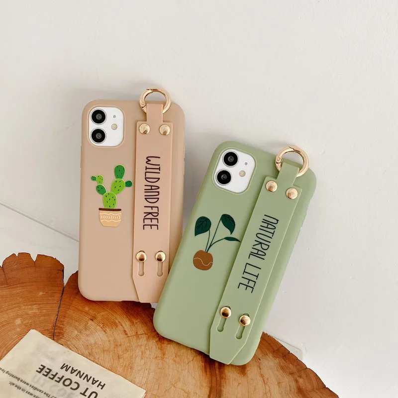 

Cute Plant Cactus Letters Phone Case For iphone 12 11 XS MAX XR X 8 7 6 plus Couples Cases Soft Shell Bracket Wrist Strap Cover