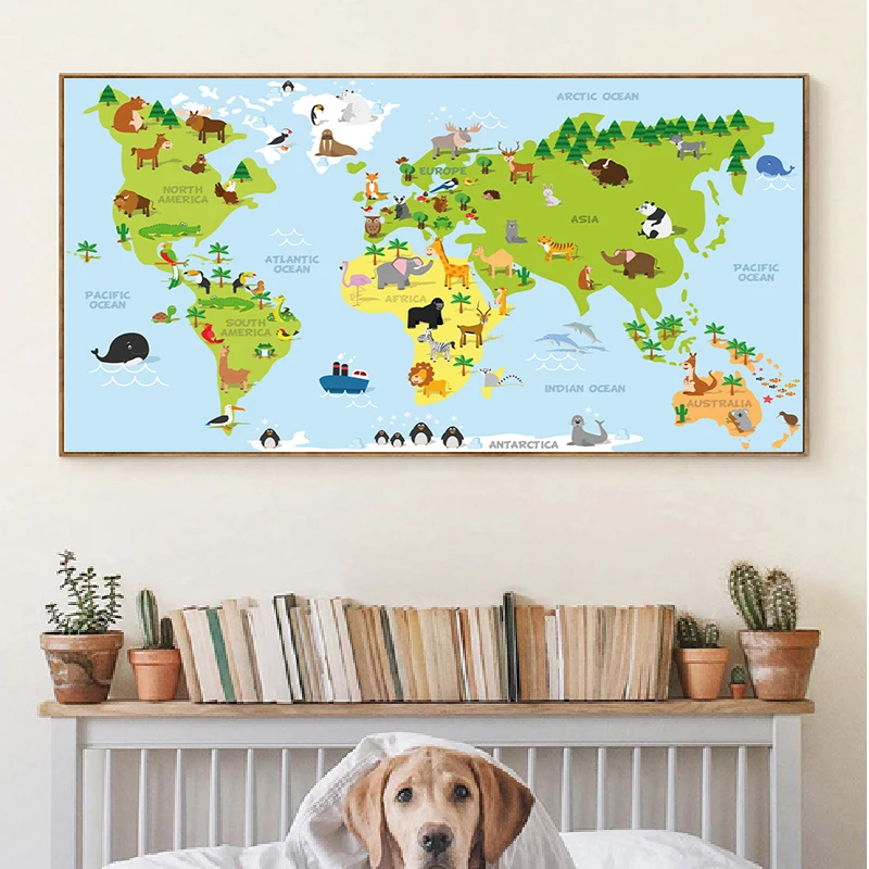 Карта мира с животными экологически чистая Нетканая Картина на холсте настенный