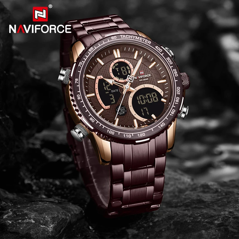 NAVIFORCE Top Brand Watches Male Casual Fashion Stainless Steel Waterproof Luminous Led Digital Week Display Quartz Mens Watches