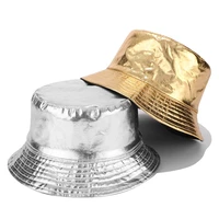 fashion golden pu leather bucket hats silver unisex reversible fisherman hat for lovers waterproof hiking hat caps