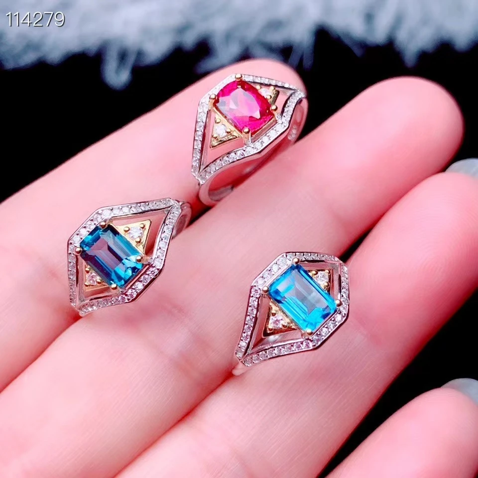 

925 sterling silver natural blue topaz garnet girl ring translucent pure new geometric square support detection