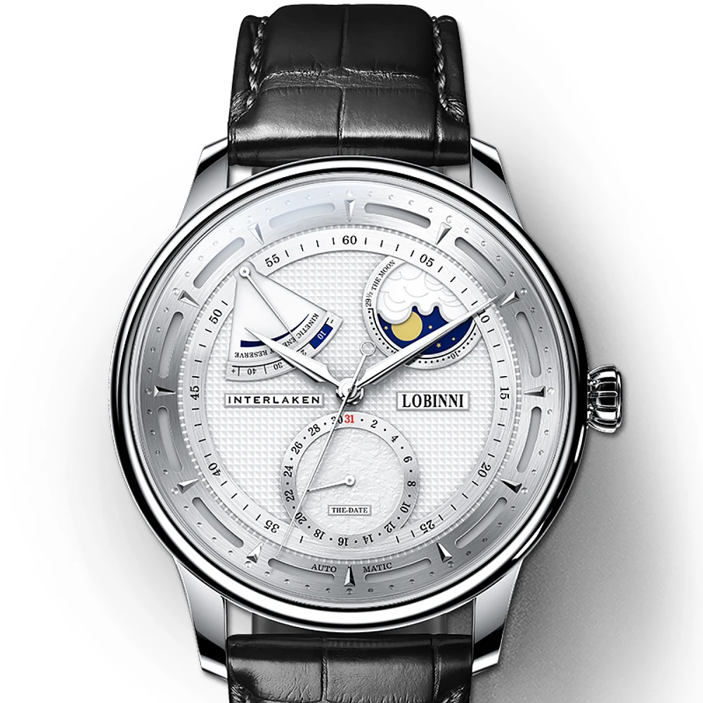 

Lobinni Moon Phase Seagull Watch Mechanical Automatic Watches Mens Business Water Resistant Tianjin Movement Male Wristwatch