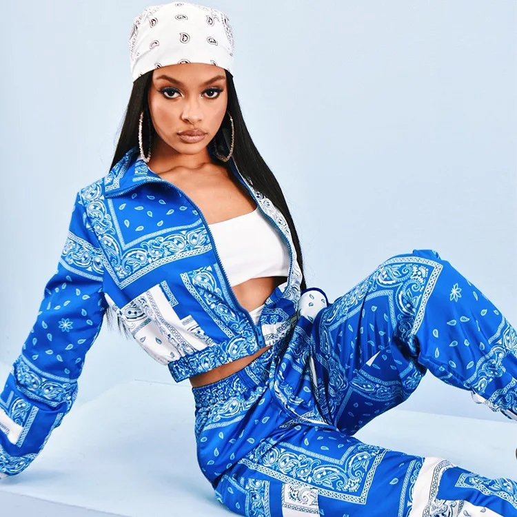 

Paisley Bandana Print Two 2 Piece Set Women Fitness Sweatsuit Zipper Up Sweatshirt + Jogger Pants Set Tracksuit Fashion Outfits