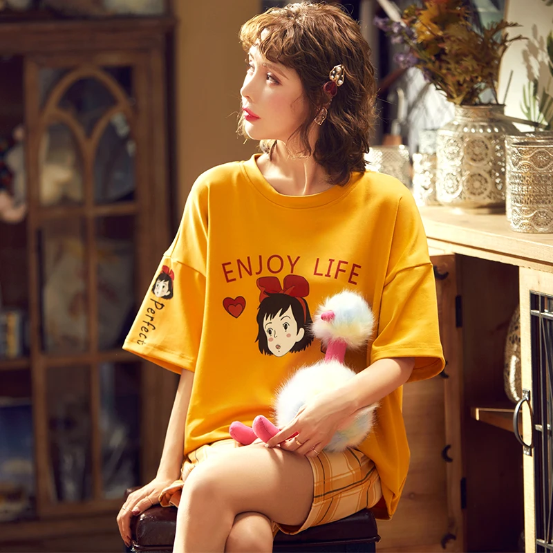 Летний хлопковый свободный комплект с коротким рукавом и мультяшным принтом