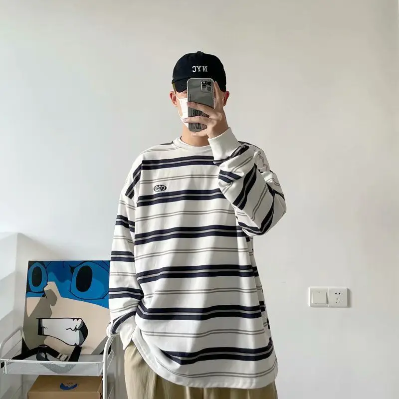 

Autumn T Shirt Men Striped Long Sleeve O Neck Europe Style Harajuku Hip Pop High Street Vintage Loose Casual Couple Clothing Top