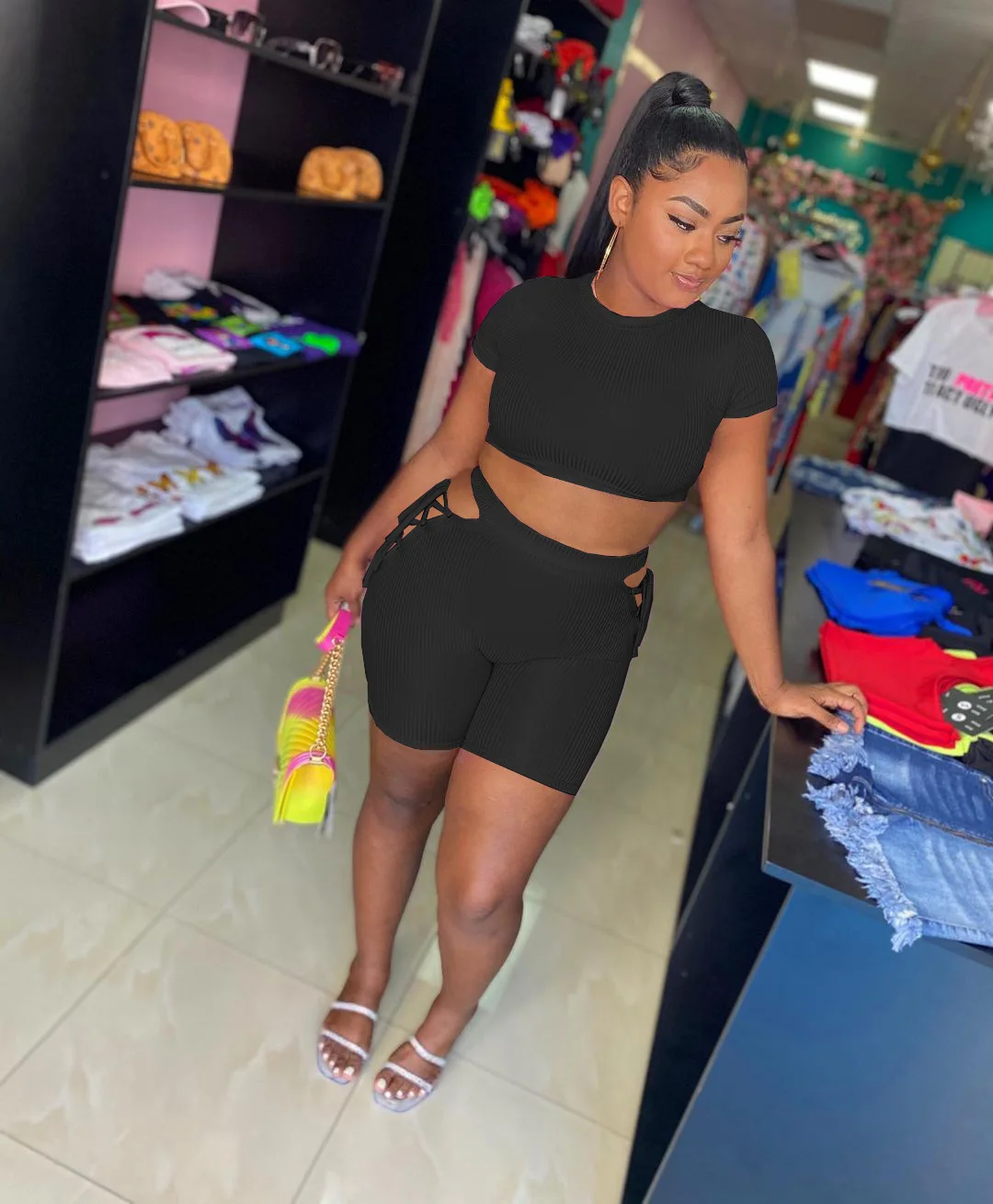 

Ladies 2 Two-Piece Casual Fashion Short-Sleeved T-Shirt Tie Shorts Suit Home Commuter Slim Suit Women