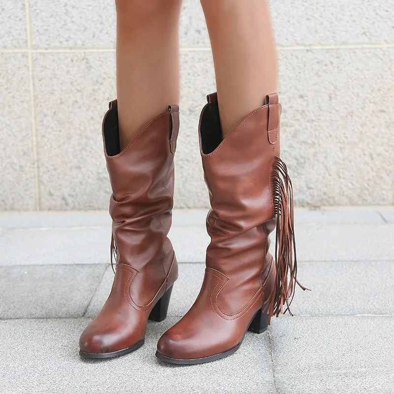 

2021 New Fashion Trend Large Size Medium Tube Women's Leather Boots Thick Heel Casual High Top Martin Boots Women Size 43