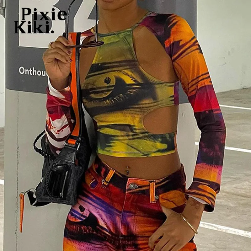 

PixieKiki Y2k Sexy Printed Irregular Cut Out Long Sleeve Crop Top Trendy Graphic T Shirts Streetwear Women Clothing P84-BF21