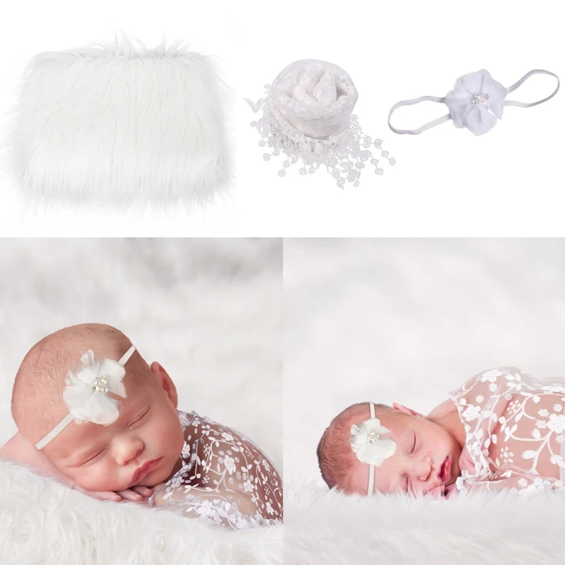 

C5AF 3Pcs Baby Blanket Swaddle Wrap Headband Set Newborn Photography Props Infants Photo Shooting Outfits Accessories