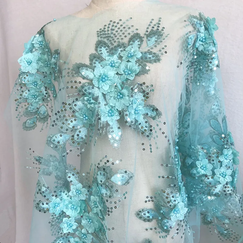 

1Yard 12Ps Sequin Flower Beaded Mesh Embroidery Patches Wedding Dress Applique DIY Bridal Headdress African Lace Collar Fabrics