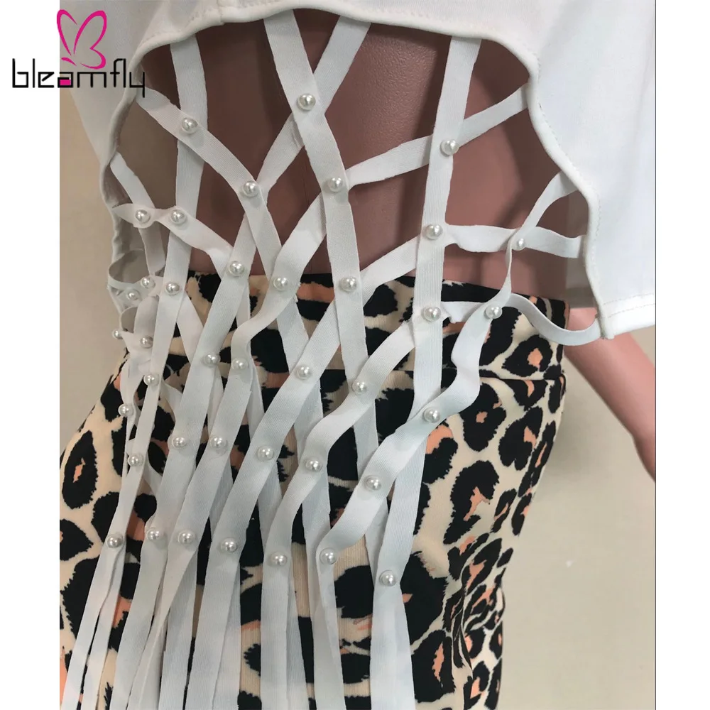 Осенняя Женская Сексуальная футболка на шнуровке с бусинами Леопардовый принт
