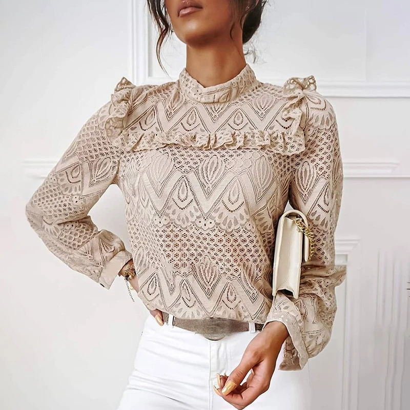 

Summer Long Sleeve Blouse Shirts For Women Ruffles Casual Elegant Tops and Blouses 2021 fashion White Shirt Clothes Lace Top