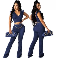 two piece suit womens high elastic imitation denim v neck petal sleeved flared trousers suit summer new sexy elegant 2021 blue