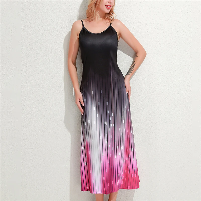 

2020 New Women Fashion Printed Floral Long Dress Slim O-neck Vestido Ladies Casual Loose Spaghetti Strap Dress For Female Dress