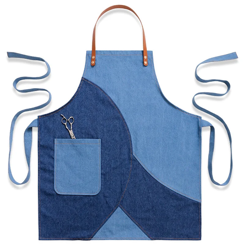 

Cowboy Solid Patchwork Denim Apron For Kitchen Accessories Cafe Shop House Cleaning Bib Cooking Baking Pocket Coffee Pinafore