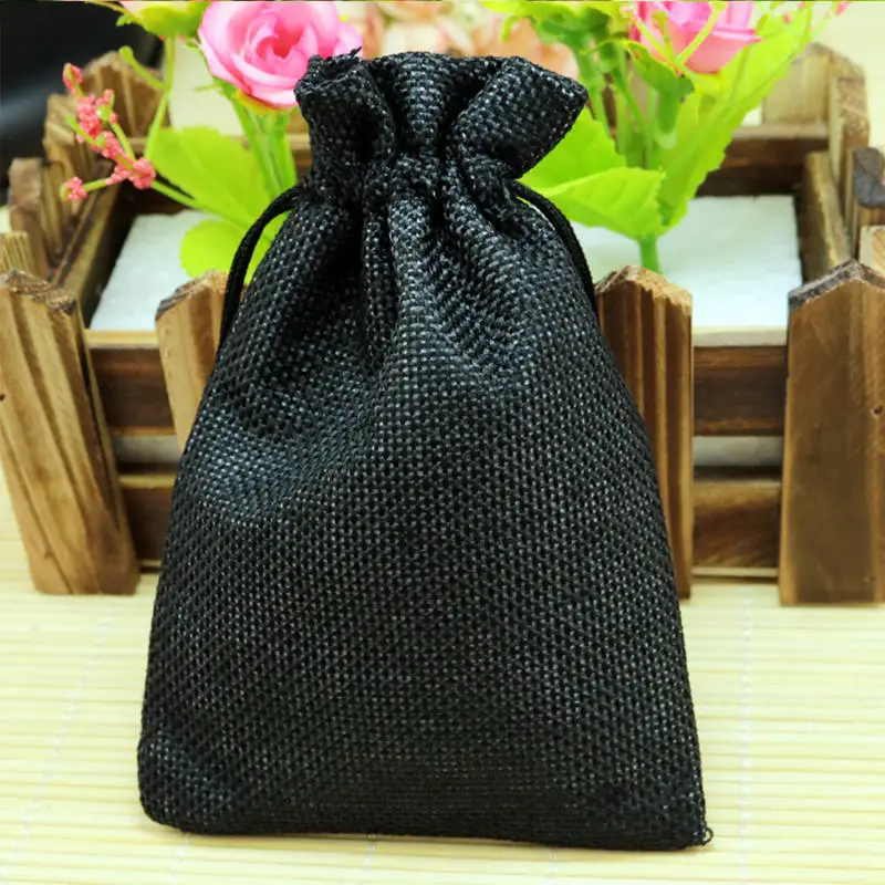Black 10*14 см 50 шт./лот простой коричневый льняной джутовый мешок браслет из шнурка Ювелирная посылка маленькая Подарочная сумка свадебный подарок упаковочные сумки - Цвет: Black