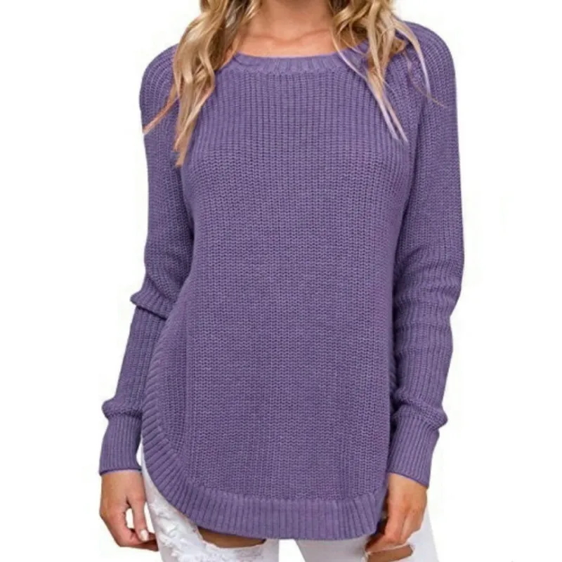 Женский вязаный свитер с разрезом по бокам повседневный однотонный джемпер