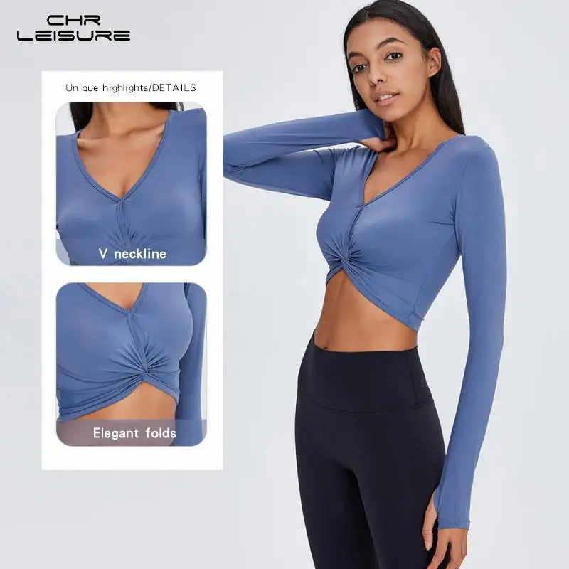 

Женский топ с длинным рукавом CHRLEISURE, спортивный укороченный топ до пупка, с V-образным вырезом, сексуальный топ для фитнеса, женская одежда т...