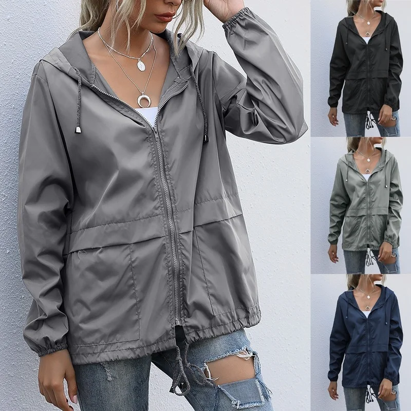 

Women Spring Zipper Hoodie Jacket Outdoor Hiking Raincoat Jackets Waterproof Loose Coats Bicycle Running Sports Black Coat 2021