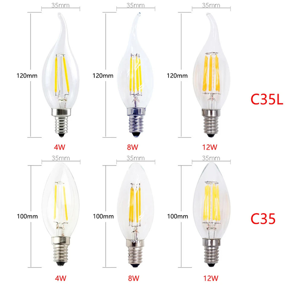 1 10X светодиодный нити Свеча светильник лампочка E14 220V 240V 6W 18W C35/C35L Винтаж лампой
