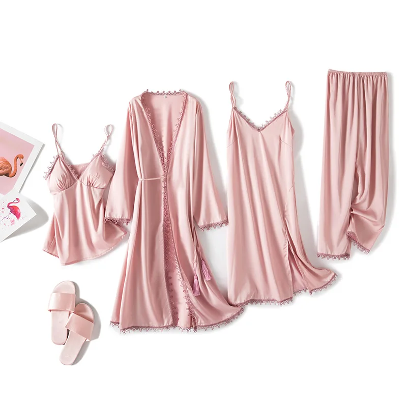 Весенняя женская одежда для сна из ледяного шелка платье четырех частей брюки