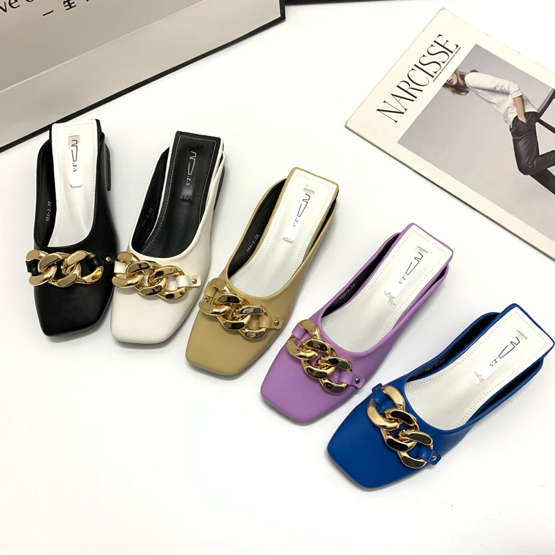 

2021 Square Toe Women Slipper Fashion Brand Chain Slip On Mules Shoes Ladies Casual Low Heel Outdoor Slides Flip Flop Sanda