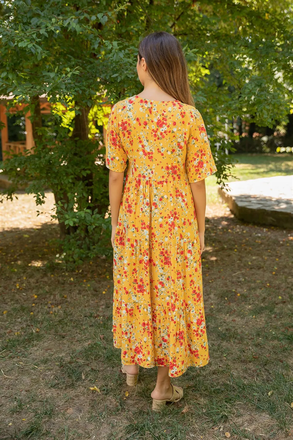 

Floral Short Sleeve Dress-YELLOW