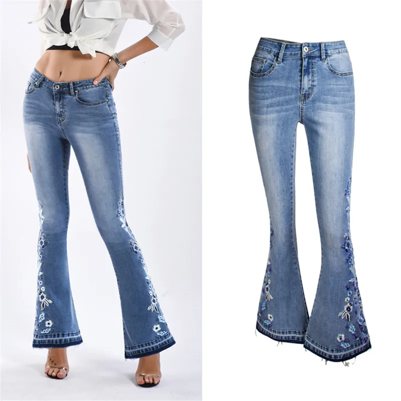 2021 European / American Women's Denim Embroidered Trousers Wide-leg Washed Flared Jeans Plus Size Pants Stretchy Jeans