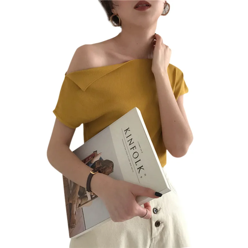 Топы на одно плечо Женский вязаный Топ в Корейском стиле летняя сексуальная