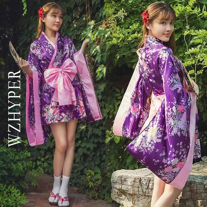 

Anime Sakura Print Sexy Kimono Yukata with Obi Novelty Lolita Dress Japanese Cosplay Costume Maid Kimono