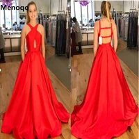 sexy red evening dress halter sleeveless floor length satin prom party gown with pocket special occasion custom made