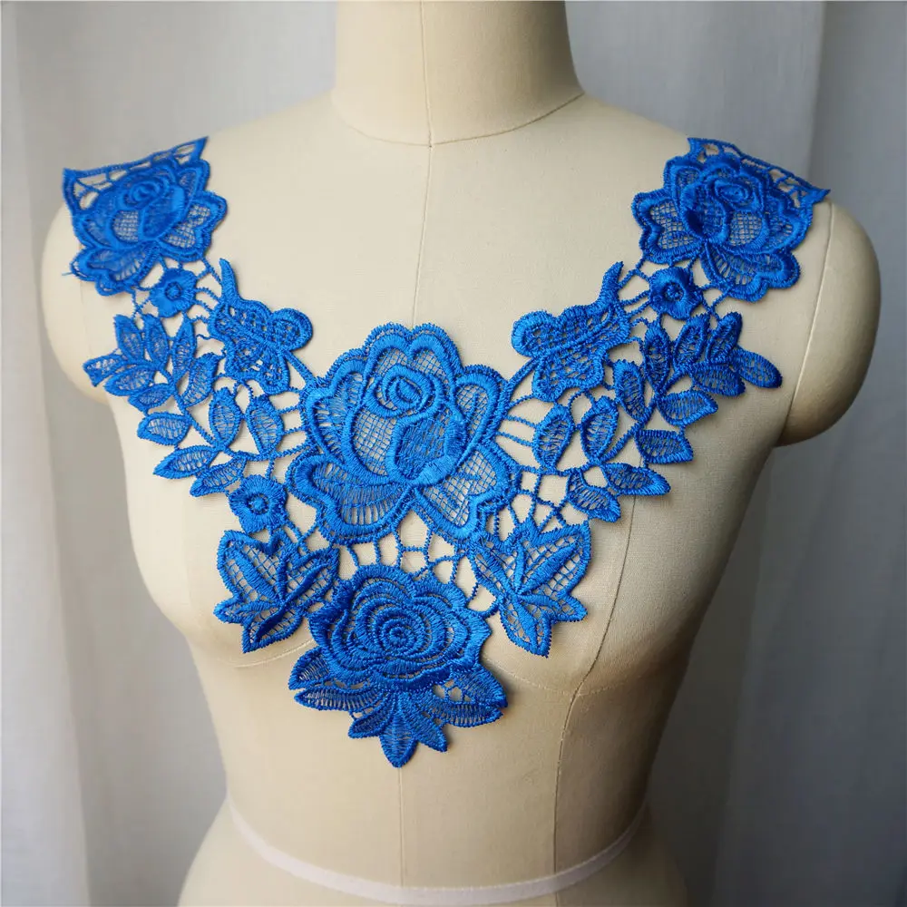 Голубое вышитое платье Аппликации кружевная ткань планки Воротник Сетка пришить