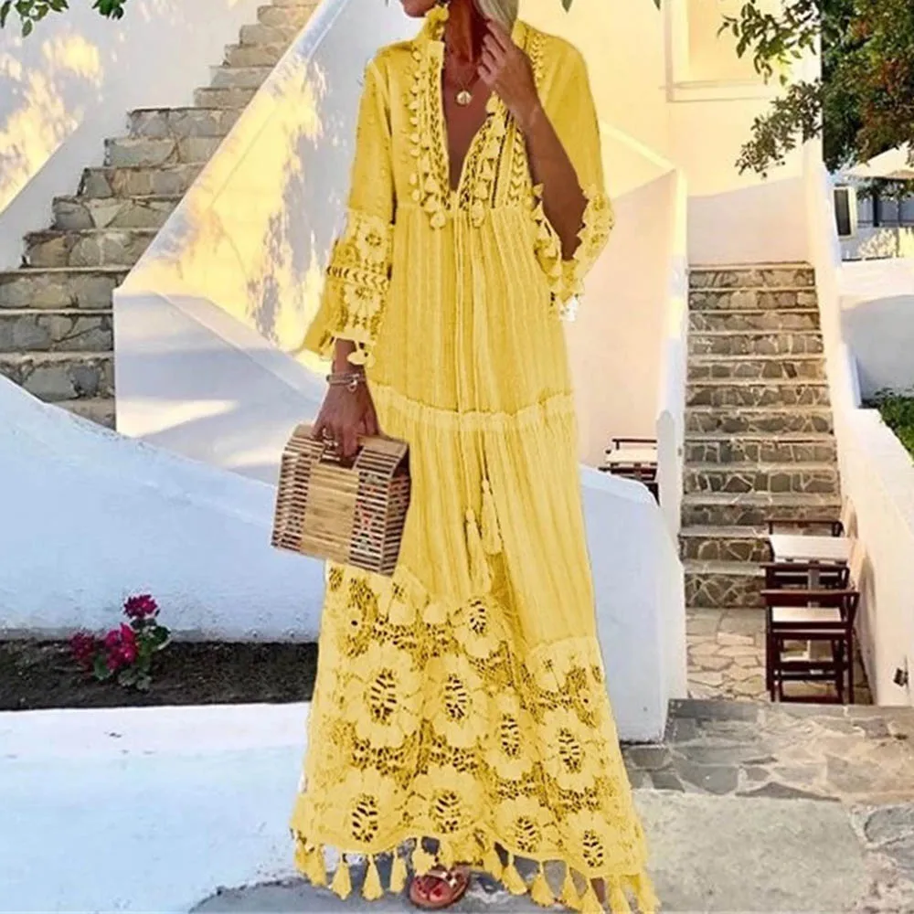 Женское богемное платье макси с цветочным принтом ажурное V образным вырезом и