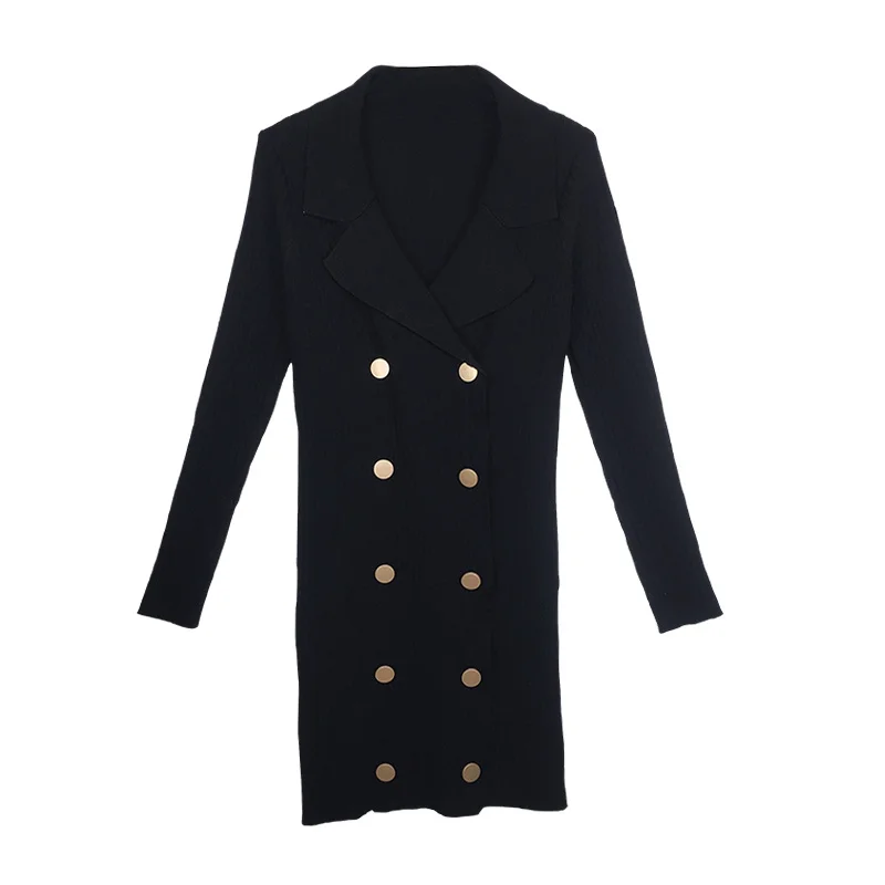 

GOOHOJIO 2020 New Autumn Knitting Hip Dress Lady's Temperament Dresses Women Double Breasted Tight Dress Slim Chic Dress Women