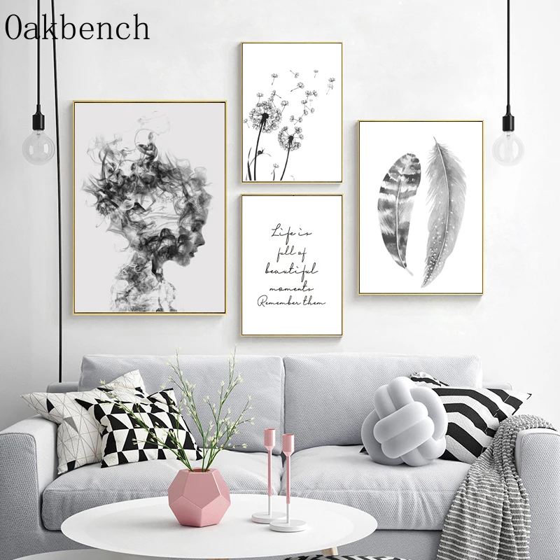 Черно белые картины перо Одуванчик Холст Настенная живопись бабочка постер
