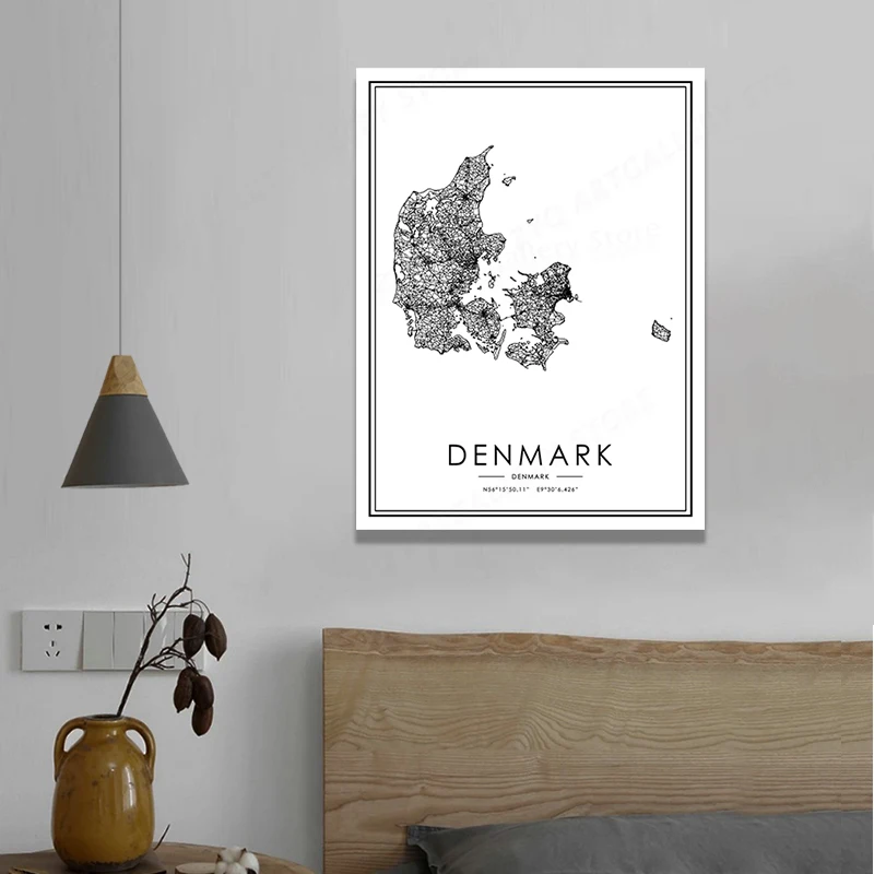 Дания черно-белая карта плакат художественная картина печать домашний декор