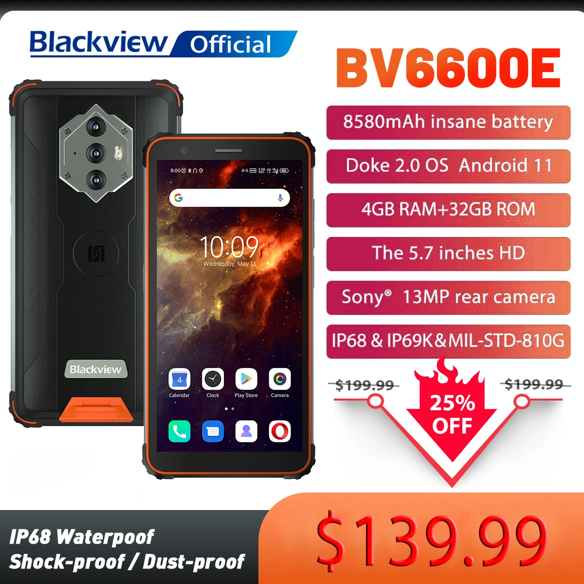 

Blackview BV6600E Rugged Smartphone 8580mAh IP68 Waterproof Phone Octa Core 4GB+32GB 5.7" Mobile Phone Android 11 4G