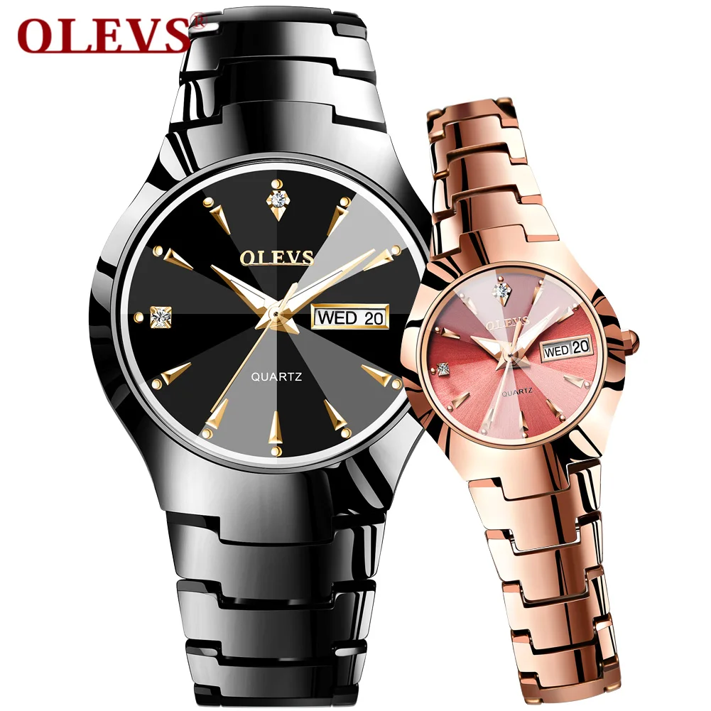 Fashion Jewelry Men s Wristwatch Tungsten Carbide Calendar Date Weekday Quartz Couple Watches for Womens Waterproof Clock Hours