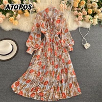 atopos autumn beach floral maxi dress women fashion v neck puff sleeve pleated long dresses vestidos printed female robe 2022
