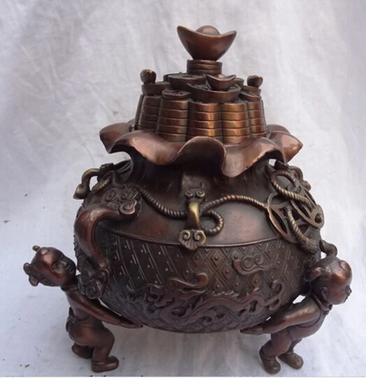 ---518+++10&quot Chinese Pure Bronze Dragon RuYi Coin Statue Kid Child Incense Burner Censer | Дом и сад