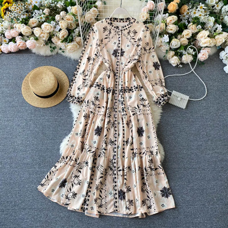 Женское плиссированное платье длинное с цветочным принтом и длинным рукавом