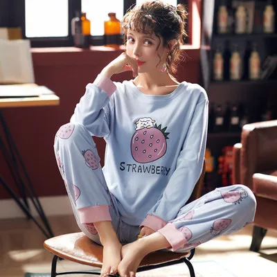 Женский пижамный комплект с длинным рукавом, Хлопковая женская пижама с рисунком, Свободная Женская домашняя одежда с круглым вырезом - Цвет: 20