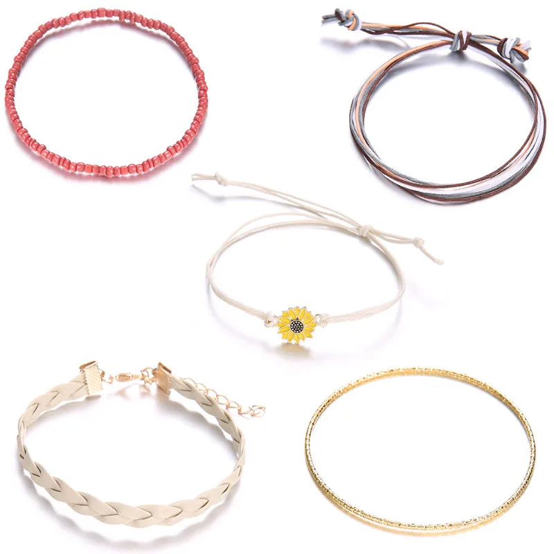 

Simple Creative 5 Piece Set of Leather Cord Flower Bracelet for Women