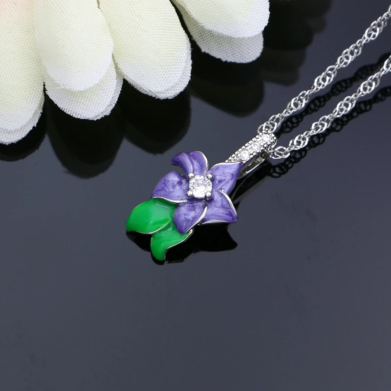 Женский комплект украшений из серебра 925 пробы с зелеными листьями и фиолетовыми